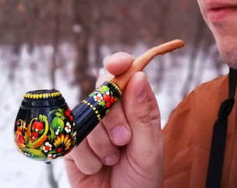 tobacco pipe Peace pipe carved wood Painted ethnic Hippie gift for men Long wooden pipe Ukrainian gift Black yellow orange Smoking pipe