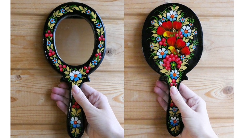 Makeup Mirror Decorative Handled Long Handheld Cosmetic Gift For Women Wooden Womens Accessories Ukrainian Wood Poppy Style