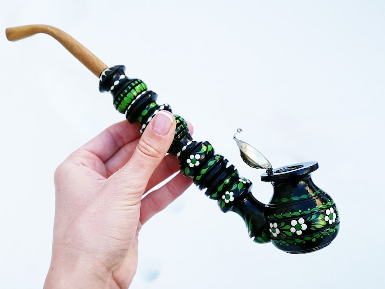 tobacco pipe Peace pipe carved wood Painted ethnic Hippie gift for men Long wooden pipe Ukrainian gift Black yellow orange Smoking pipe