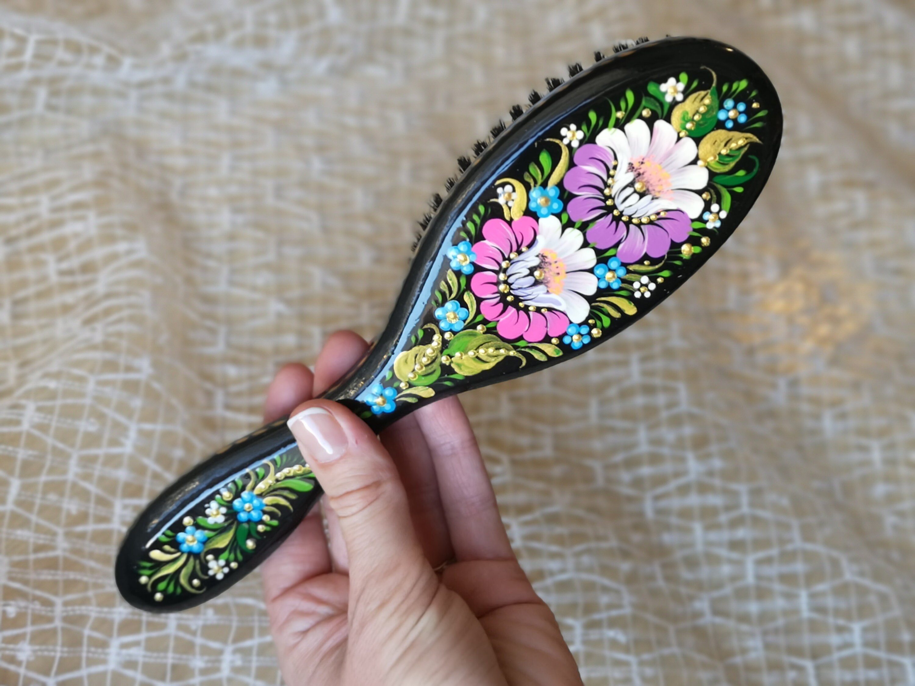 Boar Bristle Hair Brush Natural Vintage Hairbrush Wood Floral Etsy