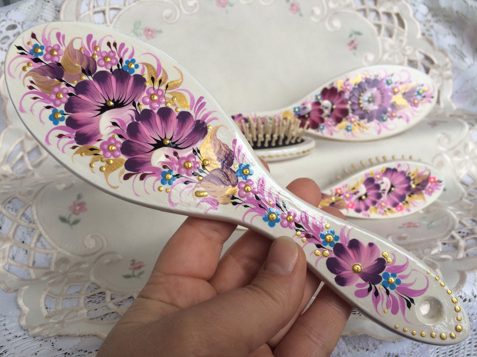 Hair brush handpainted Wooden bristles hairbrush Floral Etsy