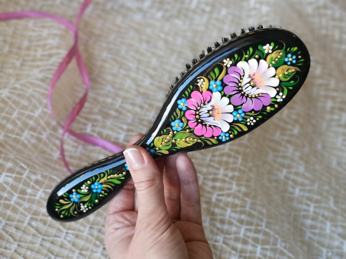 Boar Bristle Hair Brush Natural Vintage Hairbrush Wood Floral Etsy