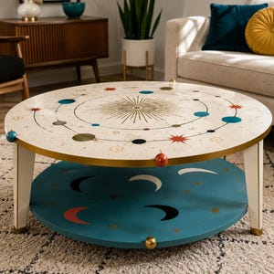 May include: A round coffee table with a cream-colored top featuring a celestial sun and planet design in gold, red, and blue. The lower shelf is teal with moon phase illustrations. The table has four white legs with gold accents and small spheres.