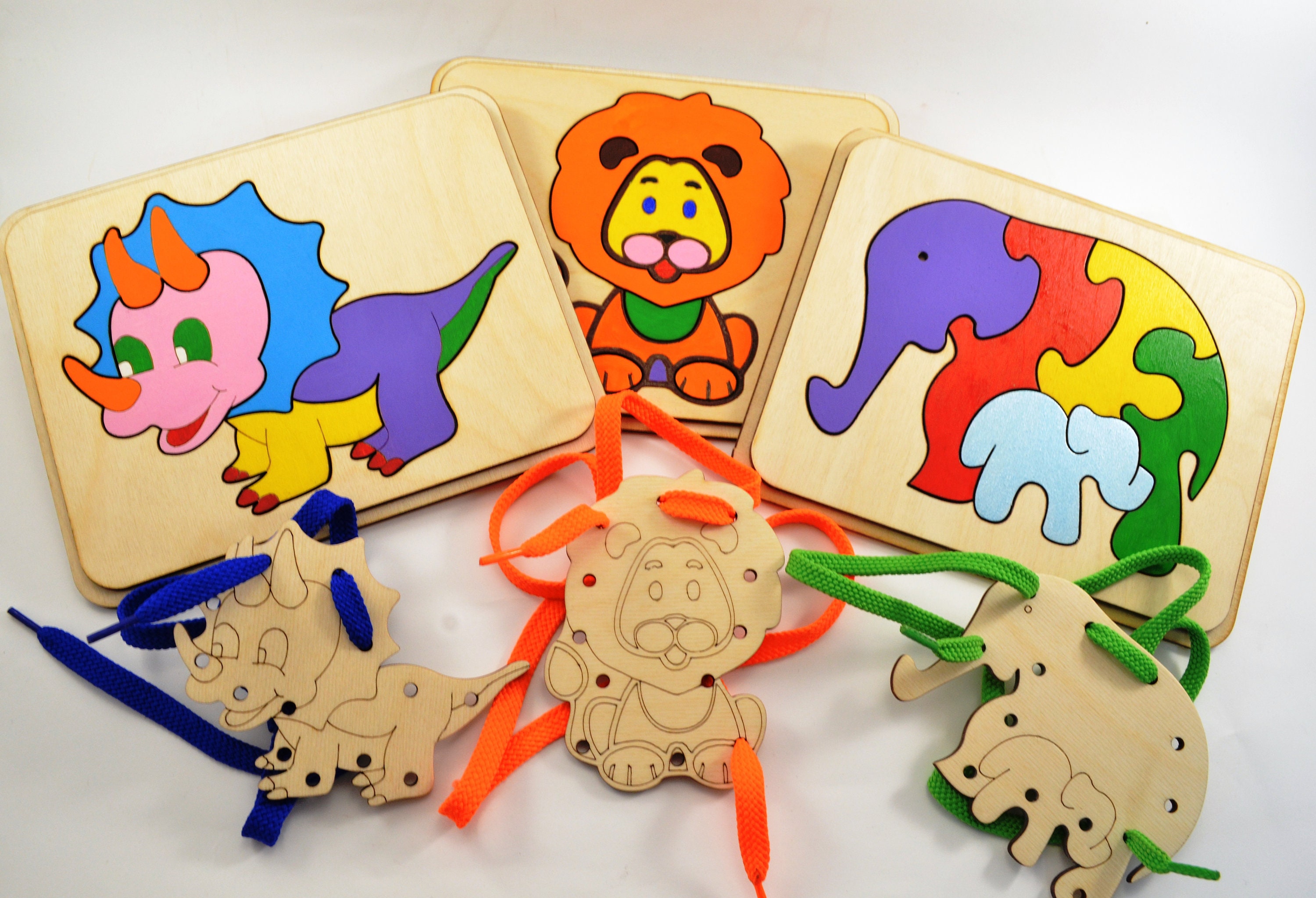 Set of 6 Ets Wooden Puzzle Lacing Toys Wooden Toys Handmade Wood Lacing