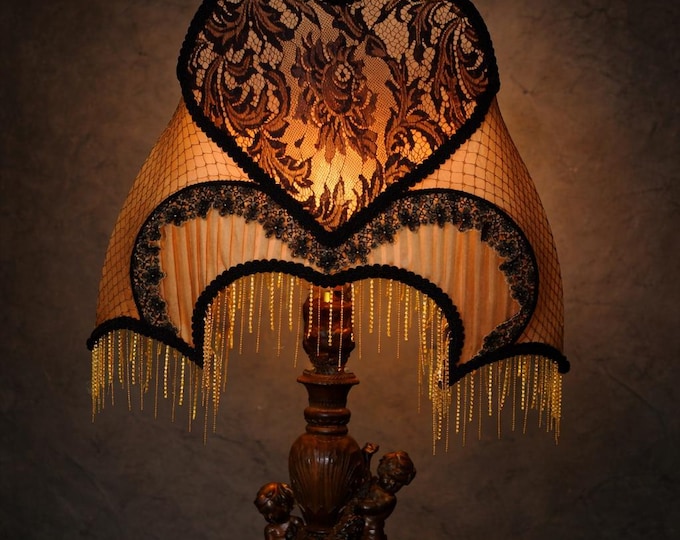 Featured listing image: Large Victorian lampshade in copper color with black lace