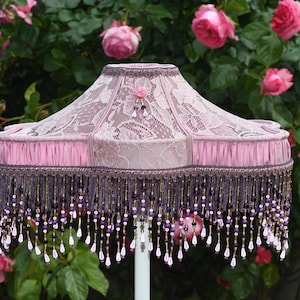 Victorian lampshade handmade in rose velvet & Calais lace – romantic boudoir decor – made in France