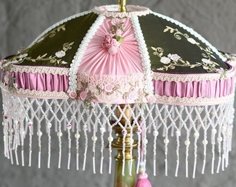 Victorian lampshadE PERLE DE ROSE, cottagecare lamp with beaded fringe for beddroom decor or hall or saloon . Handmade in France.
