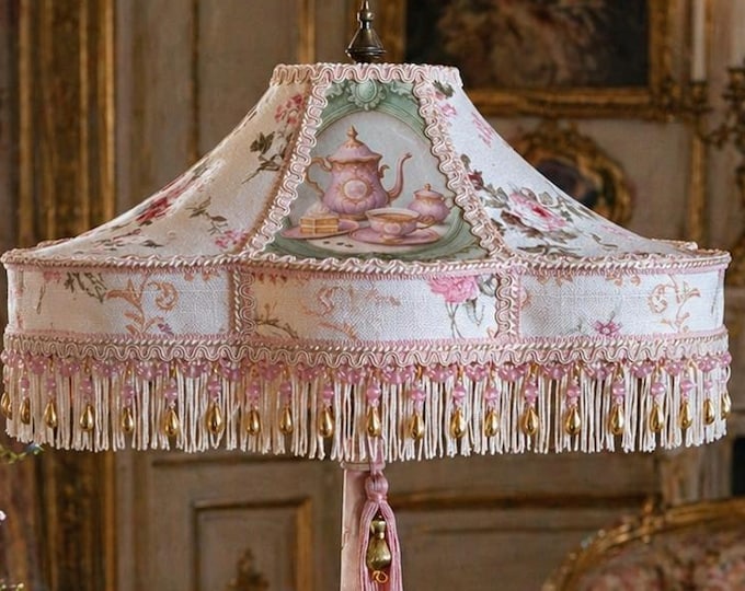Featured listing image: Shabby Chic Table Lamp – Handmade Floral Lampshade with Victorian Tea Set – Romantic Vintage Lighting