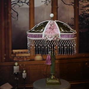 Victorian lampshadE PERLE DE ROSE, cottagecare lamp with beaded fringe for beddroom decor or hall or saloon . Handmade in France.