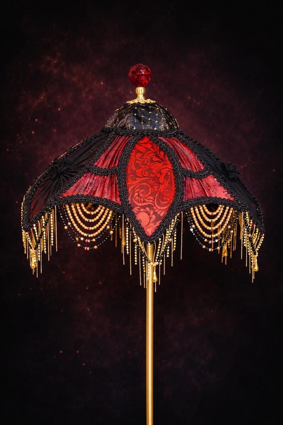 Victorien Tulip Lampshade SYMBAD Black and Red With Beaded Fringe