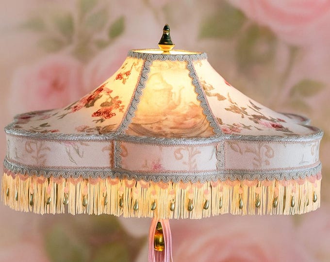 Featured listing image: Shabby Chic Table Lamp – Handmade Floral Lampshade with Victorian Tea Set – Romantic Vintage Lighting