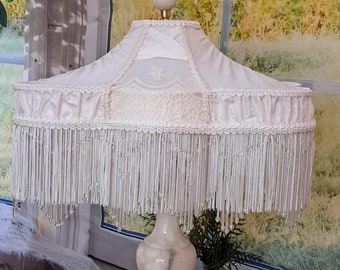 White Victorian NUPTIAL lampshade, pearls and fringes, made in France. Lyre attachment.