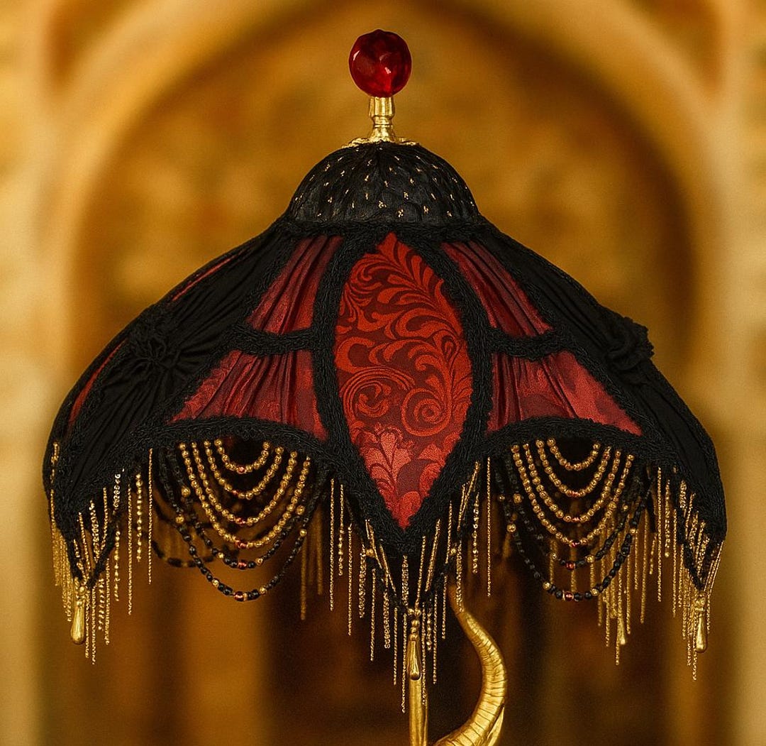 Victorien Tulip Lampshade SYMBAD Black and Red With Beaded Fringe