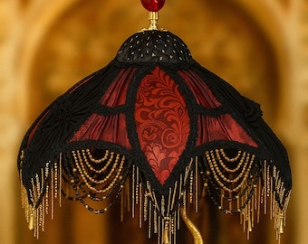 Victorien tulip lampshade SYMBAD black and red with beaded fringe.
