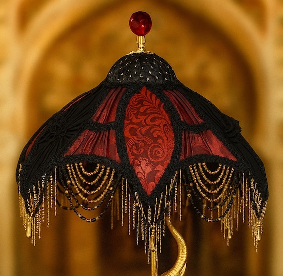 vintage LampShade / ビンテージランプシェード Victorien Tulip Lampshade SYMBAD Black and Red With Beaded Fringe