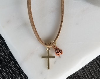 Cross & Rose Charm Necklace, Cross Necklace, Charm Necklace, Adjustable