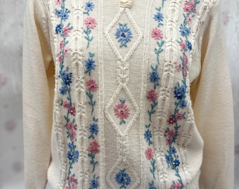 Vintage Alfred Dunner Floral Embroidered Sweater, Cottagecore Knit Size Small
