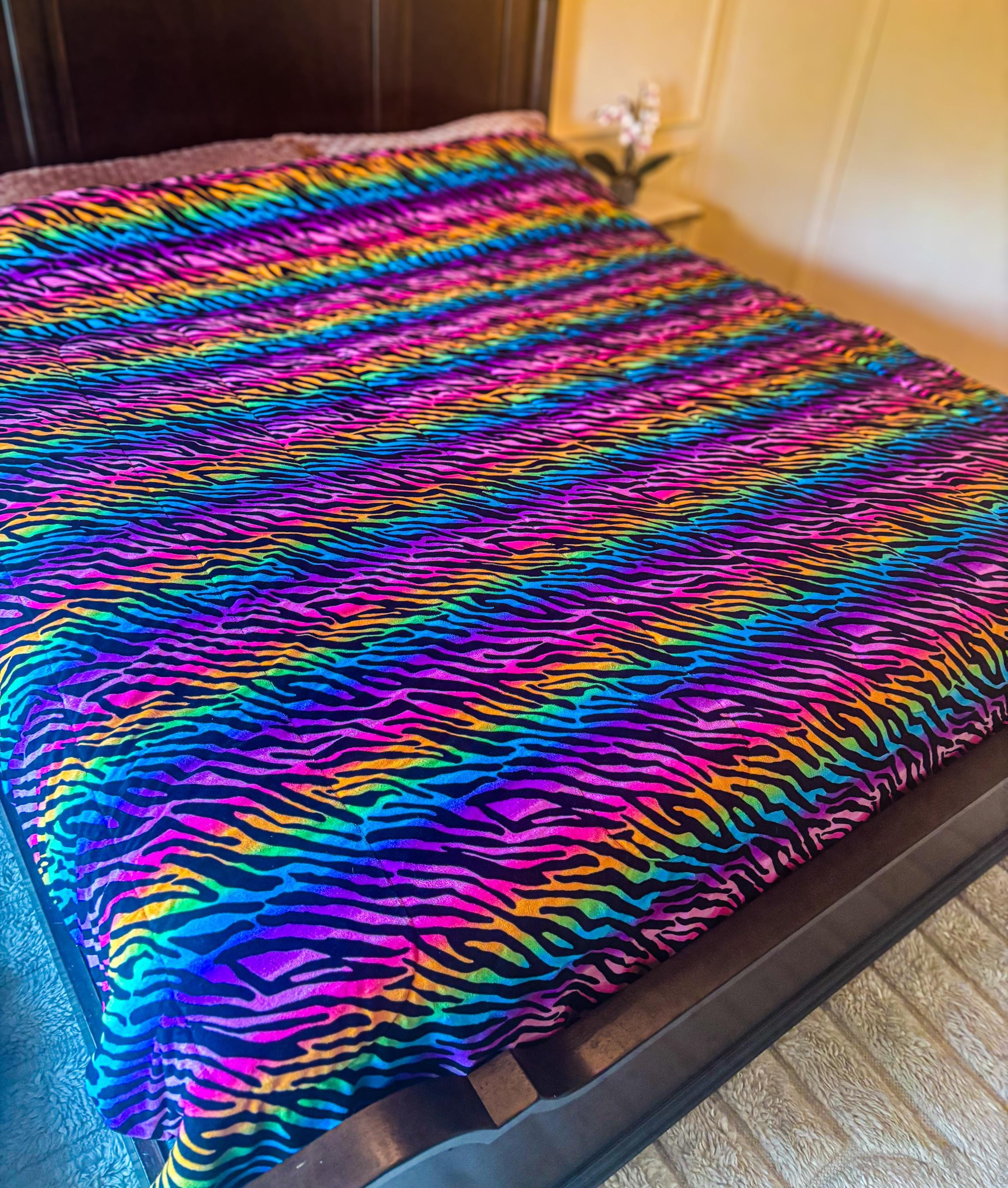 Vintage Rainbow Zebra Print Comforter: Reversible Hot Pink Retro