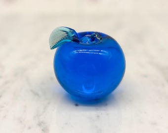 Vintage Cobalt Blue Glass Apple Paperweight - Handblown Collectible