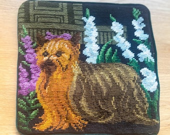 Vintage Needlepoint Dog Pillow Cover – 9.5” x 9.5” Wool Tapestry Front with Velvet Back