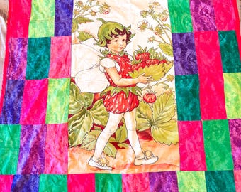 Vintage Strawberry Fairy Handmade Quilt – 58” x 50” – Fleece Back – Cottagecore Nursery Blanket – One-of-a-Kind