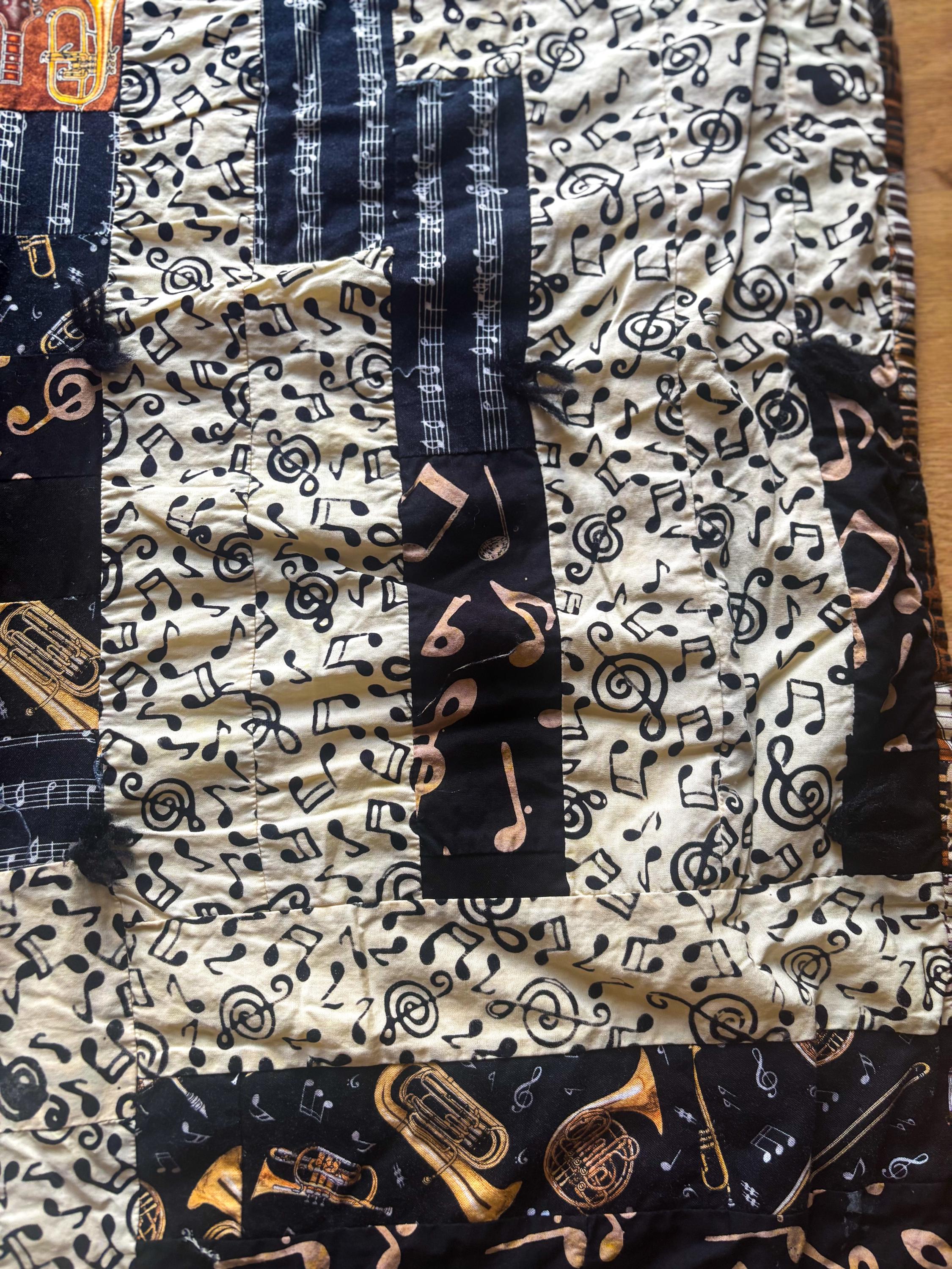 Vintage Handmade Quilt – Musical Notes & Instrument Patchwork Blanket ...