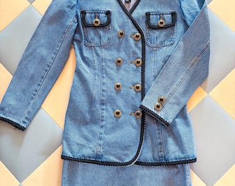 Vintage Express Denim Skirt Suit, 90s Y2K Blazer (Size 1) and Mini Skirt (Size 7)