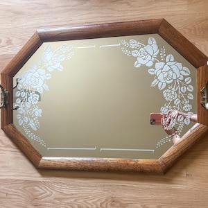 Vintage Octagon Etched Floral Mirror with Coat Hooks - 31.5” x 21.5”