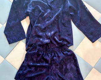 Vintage Victoria's Secret Gold Label Purple Satin Pajama Set, Floral Burnout Lounge Small
