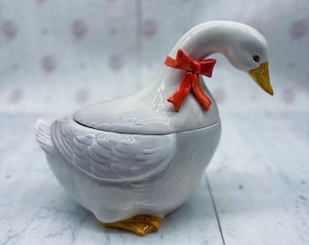 Vintage 1983 Otagiri Goose Keksdose | Handgefertigte Keramik Dose mit roter Schleife