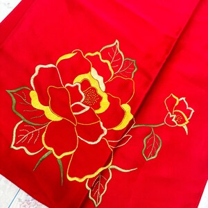 ASILK 100% Silk Embroidered Scarf – Red Satin Floral Silk Wrap with Gold and Green Thread Embroidery, Asian-Inspired Vintage Style 42” x 15”
