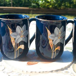 Vintage Otagiri Japan Cobalt Blue Floral Mugs - 1980s Porcelain Coffee Cups