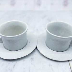 Può includere: Due tazze in ceramica grigio chiaro con piattini abbinati. Ogni tazza presenta un manico arrotondato e una finitura smaltata liscia. I piattini hanno un bordo largo e piatto con un aspetto leggermente testurizzato per questo set da tavola.