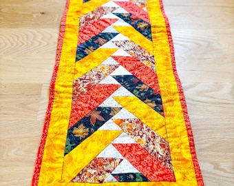 1990s Handmade Quilted Table Runner – Autumn Chevron Patchwork, 39” x 12” – Reversible with Floral Backing