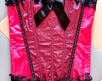 Y2K Hot Pink Satin Corset Top, Black Lace Trim Bustier, Starline Clubwear Small