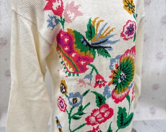 NWT Vintage Gladys Bagley Floral Knit Sweater – Cream Folk Art Pullover – Size Medium