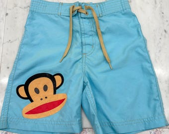Vintage Paul Frank Julius Monkey Swim Trunks Kids Size 7 Blue Board Shorts Y2K