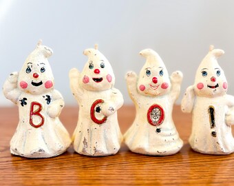 Vintage „BOO!“ Geister Kerzen-Set: Kitsch Halloween Dekor (4er-Set)