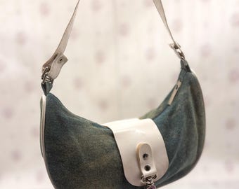 Y2K Denim Baguette Bag – White Patent Trim, Silver Hardware