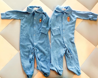 Vintage Winnie the Pooh Terry Cloth Baby Sleeper, Blue Footie Pajamas, Disney One Piece, 90s Pooh Infant Romper, Choice of Design Size 2B