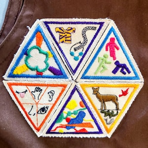 May include: A collection of colorful triangular patches with various embroidered designs. The patches feature images of a tree, a snake, running figures, a deer, and symbols representing senses. The patches are sewn onto a brown fabric.