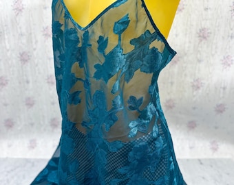 Vintage Teal Floral Sheer Slip Dress: Y2K Lace-Up Back Lingerie Medium