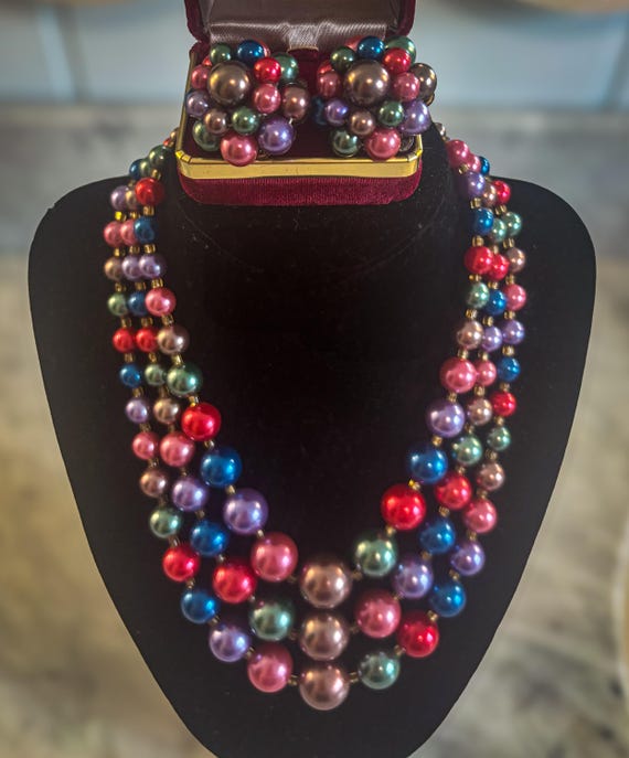 Vintage Colorful Faux Pearl Jewelry Set, Multi-strand  display picture 1