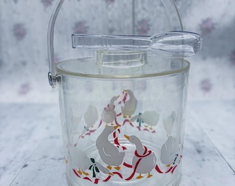 Cubitera de acrílico vintage con forma de ganso navideño, con tapa y pinzas / Artículos de bar navideños de mediados de siglo