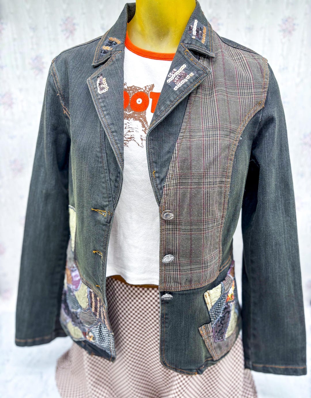 Simon Chang Patchwork Denim Jacket, Artsy Mixed Fabric Sequin Blazer - Etsy