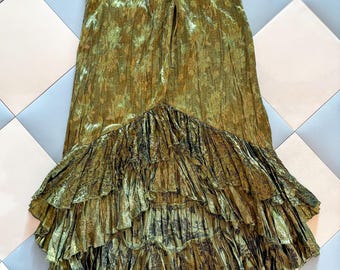 Deadstock Y2K Olive Metallic Ruffle Skirt, Fairycore Boho Asymmetrical Midi (Small)
