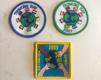 Lote de parches vintage del Día del Pensamiento de las Girl Scouts – 2007, 2009, Banderas del mundo, Juego de 3