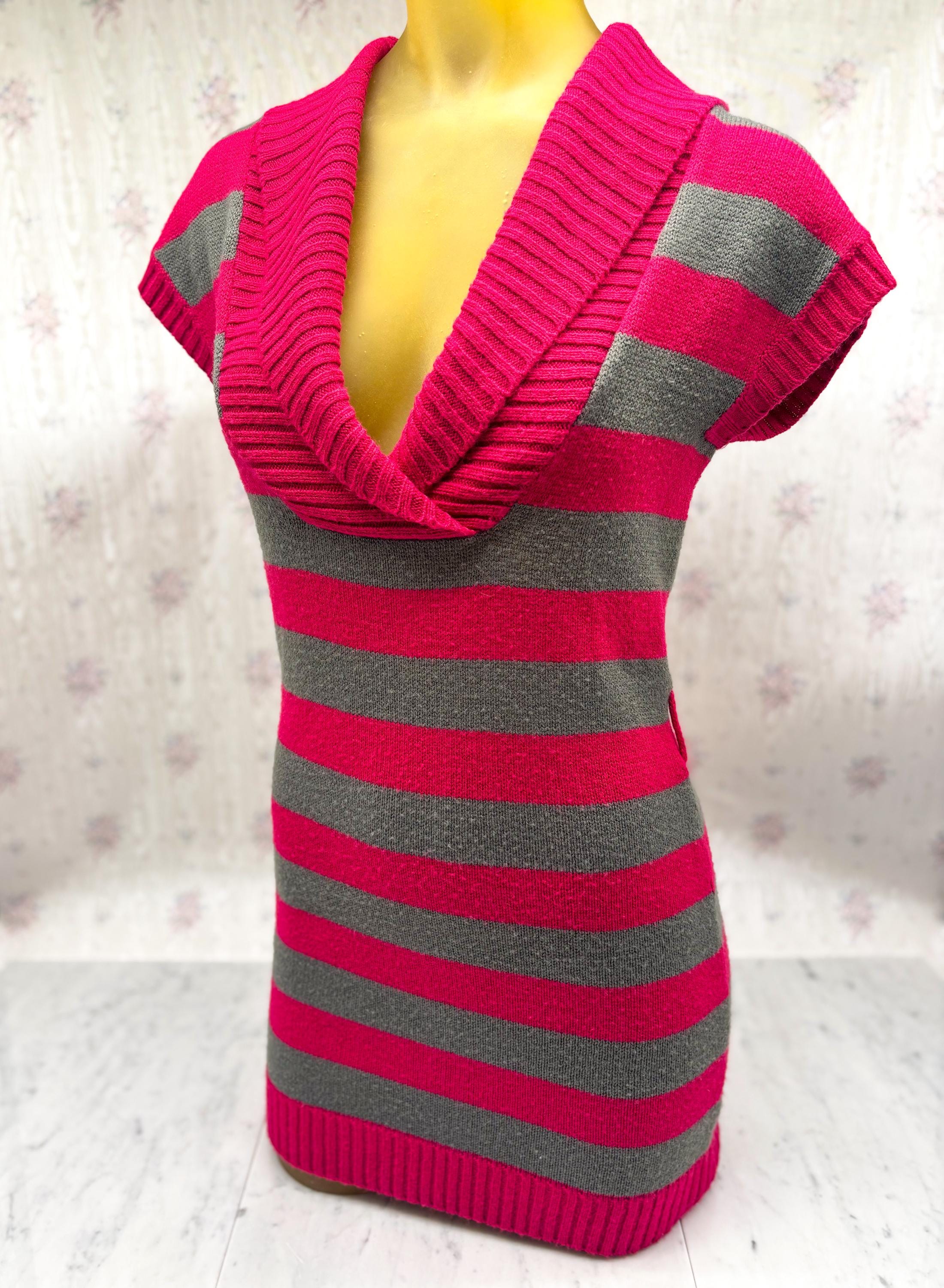 Vintage Red Paint Pink & Gray Striped Knit Sweater Dress | Sleeveless Cowl Neck