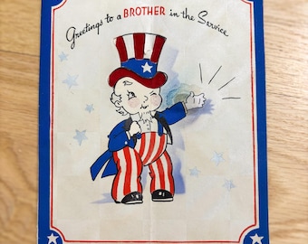 Tarjeta patriótica vintage de la Segunda Guerra Mundial / Ilustración del Tío Sam, muestra de tela