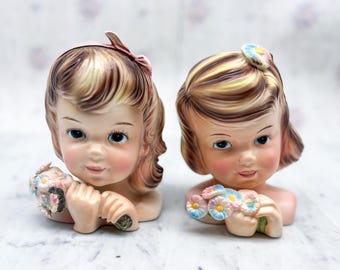 Vintage Enesco Girl Head Wall Planters Pair, Mid Century Ceramic Vases